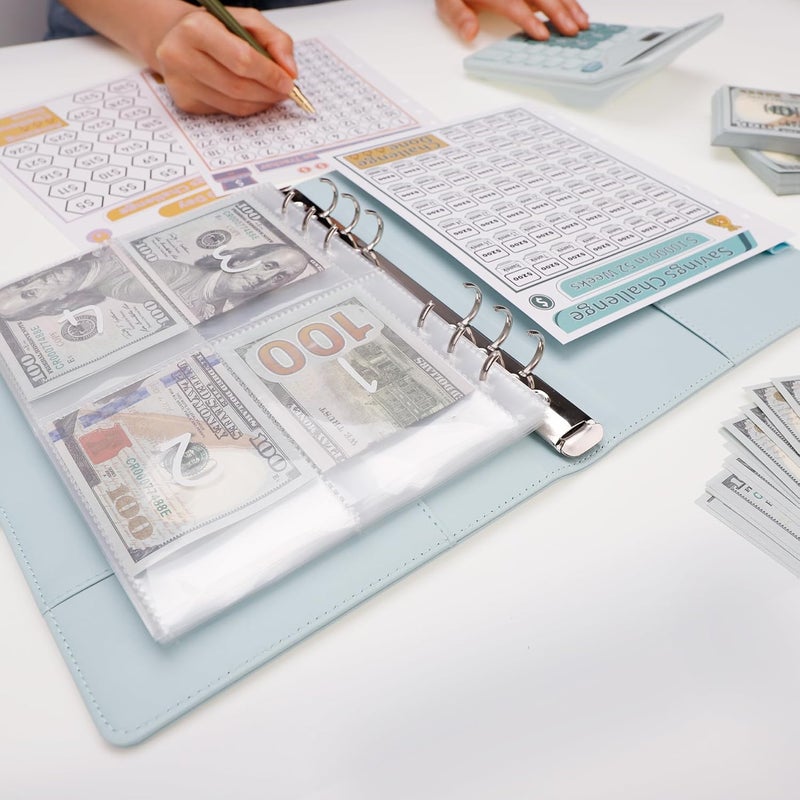 Antner 100 Envelopes Money Saving Challenge Binder, Savings Challenges Book with Envelopes & 3 Challenge Trackers to Save $5,050 and $500 and $10,000, A5 Budget Binder Money Saving Book, Mint Blue - Image 5